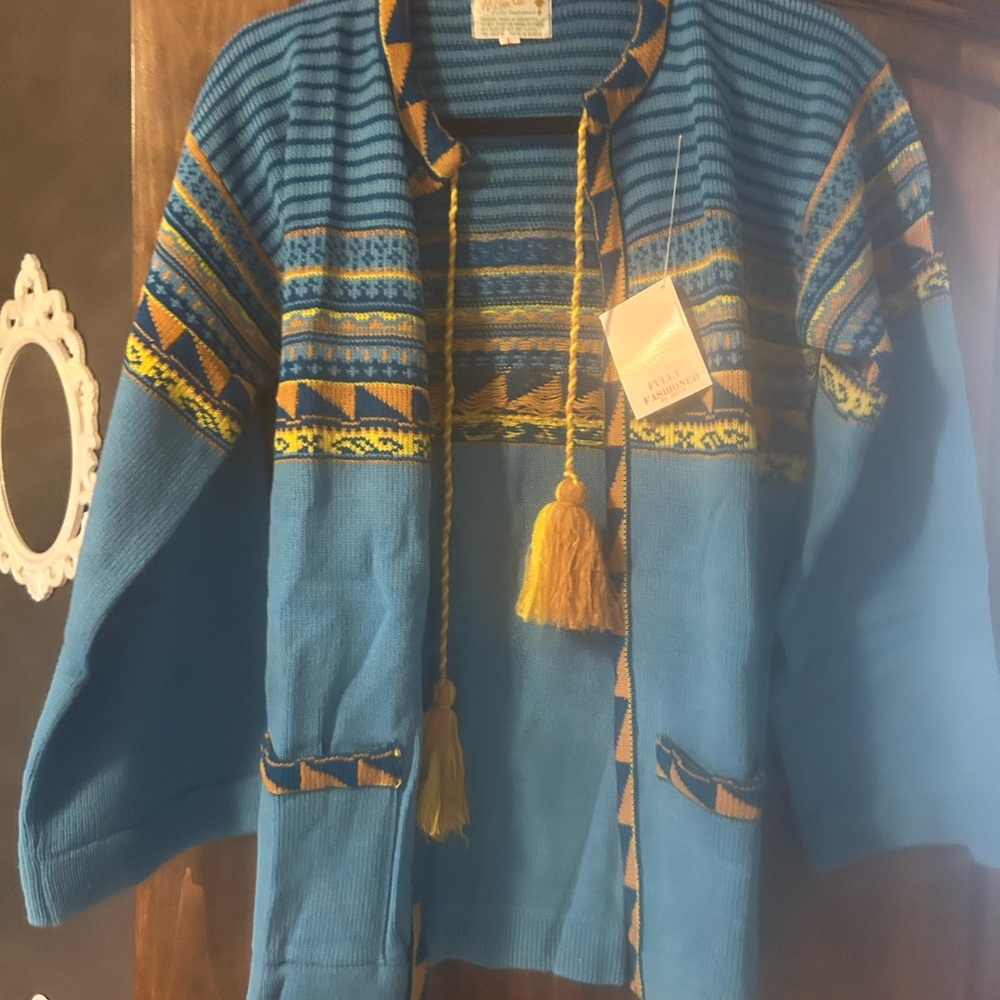 Helen Sue ᴠɪɴᴛᴀɢᴇ Blue Knit Tassel Cardigan with Yellow Accent ɴᴡᴛ